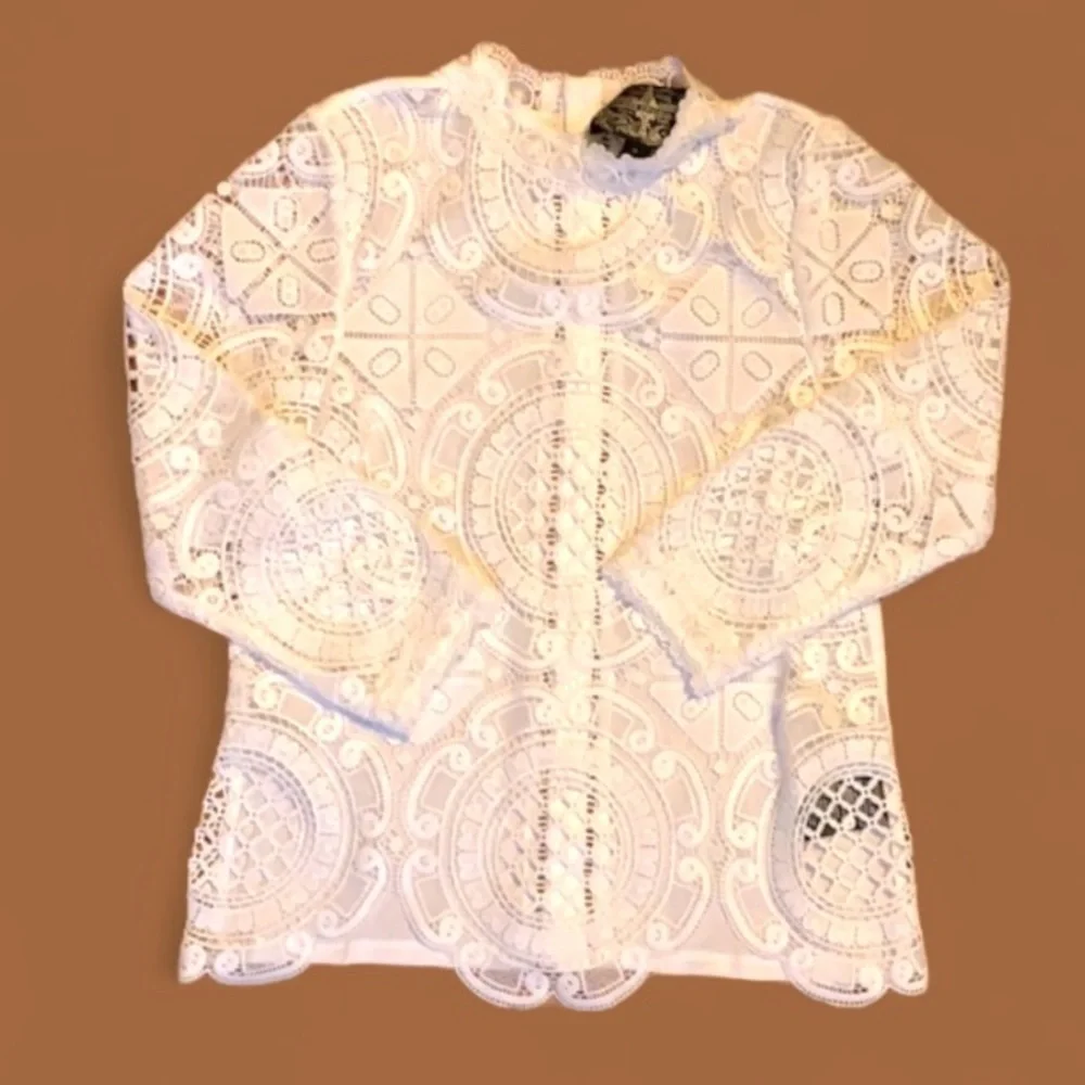Anthropologie James Coviello medallion lace front mock neck ivory blouse s